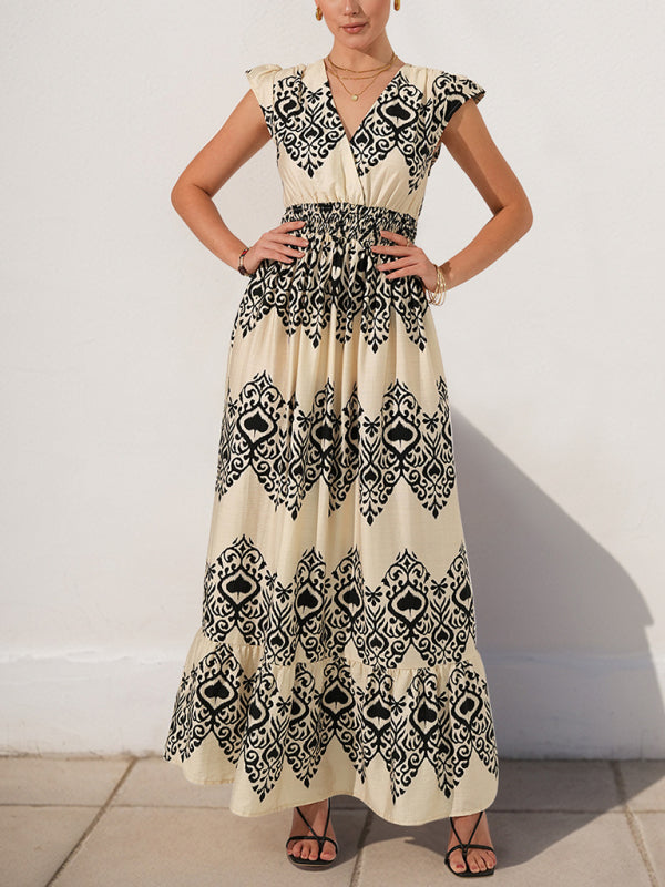 New style holiday style printed dress ethnic casual V-neck high waist – Blue Zone Planet
