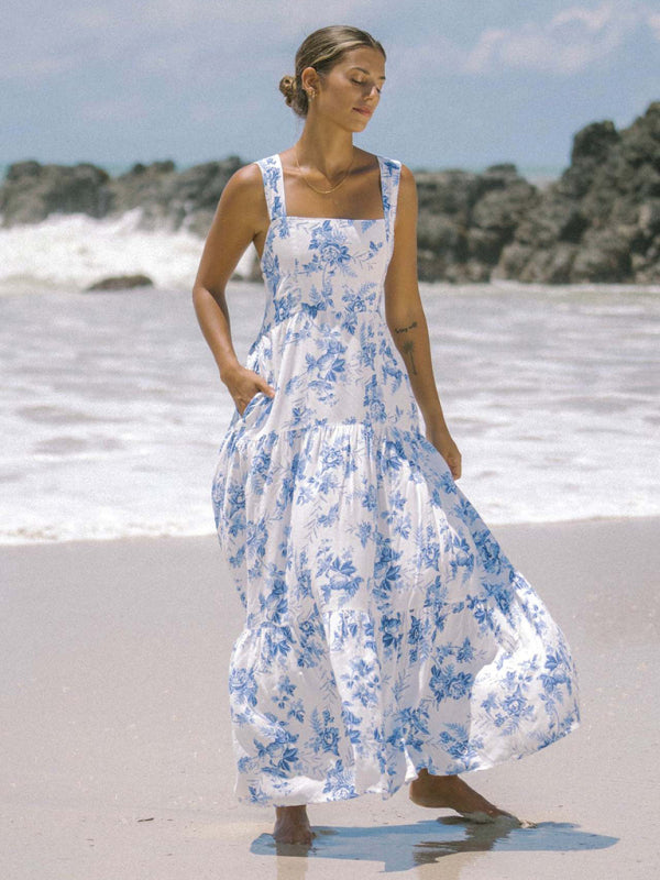 White and Blue Floral Print Bohemian Holiday Beach Dress Loose Suspender Dress White / S by Blue Zone Planet