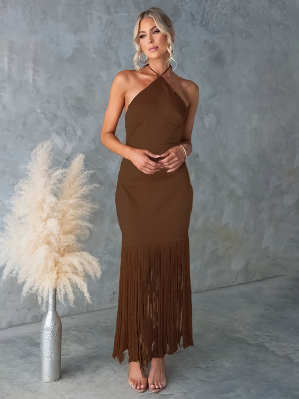 Solid Color Off-the-shoulder Tassel Bodycon Dress Brown / S by Blue Zone Planet Solid Color Off-the-shoulder Tassel Bodycon Dress Brown / S by Blue Zone Planet