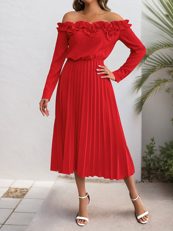 Buy Off Shoulder Long Sleeve Pleated Dress, M / Red Online At SR Store