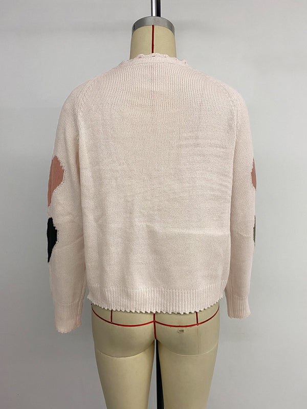 Sweet and cute women's heart v-neck knitted sweater cardigan