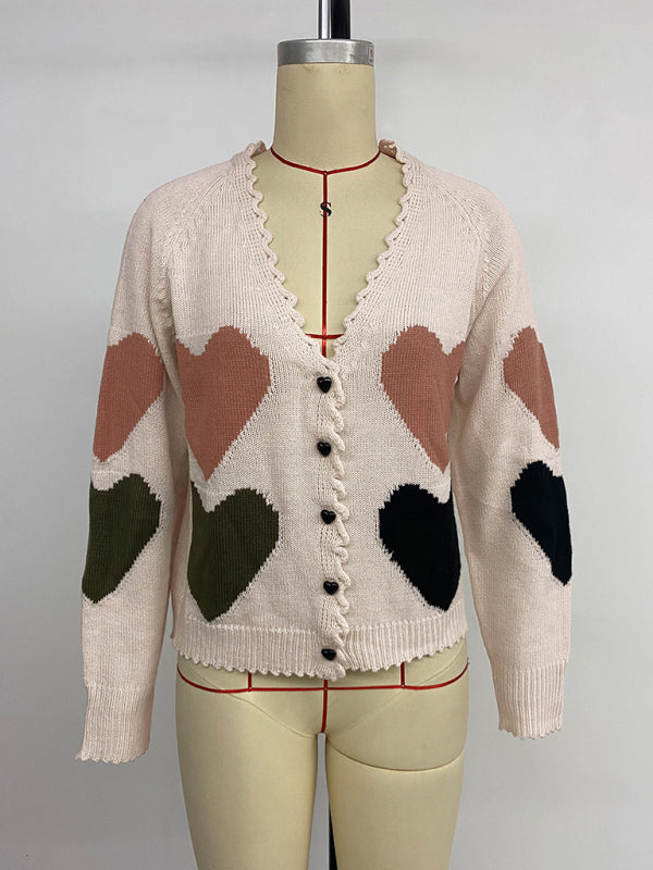 Sweet and cute women's heart v-neck knitted sweater cardigan