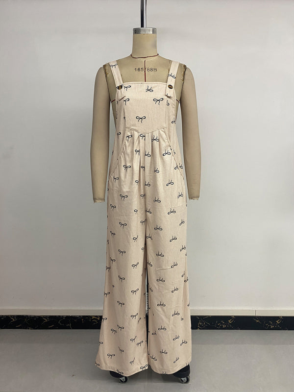 Sweet style jumpsuit with bow corduroy suspenders