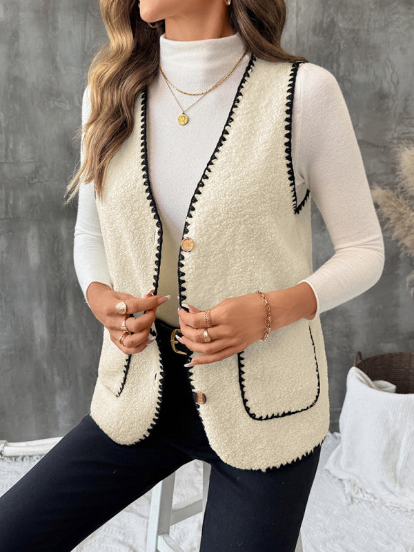 New loose sleeveless V-neck lambskin vest