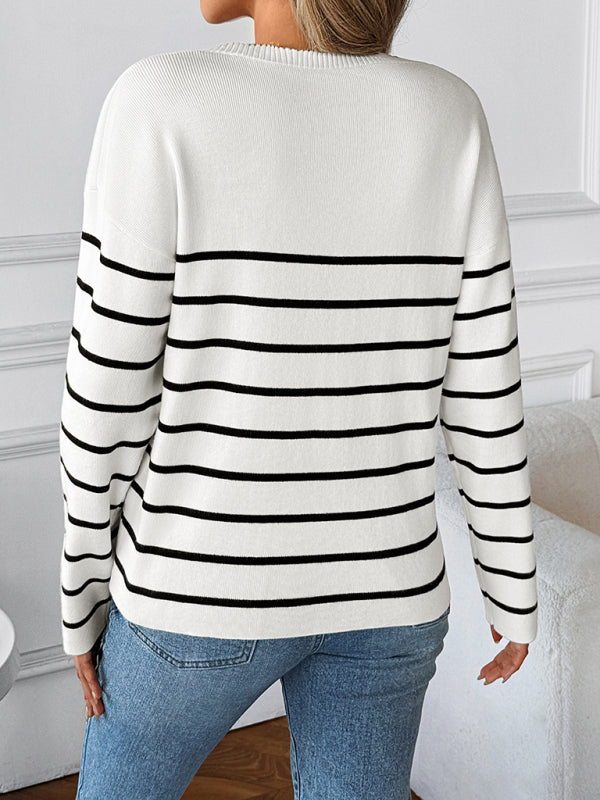 V-neck long-sleeved sweater with striped knitted top