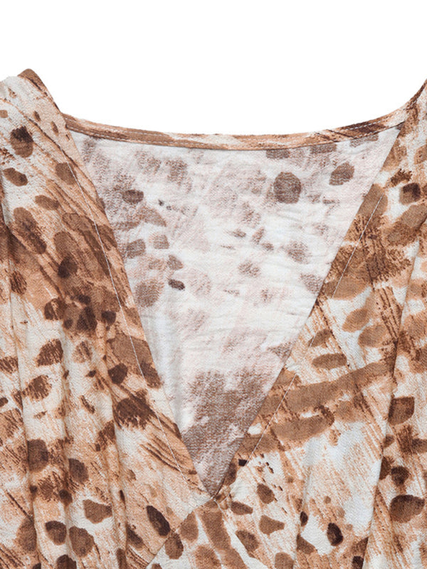 Long-sleeved V-neck slit printed dress