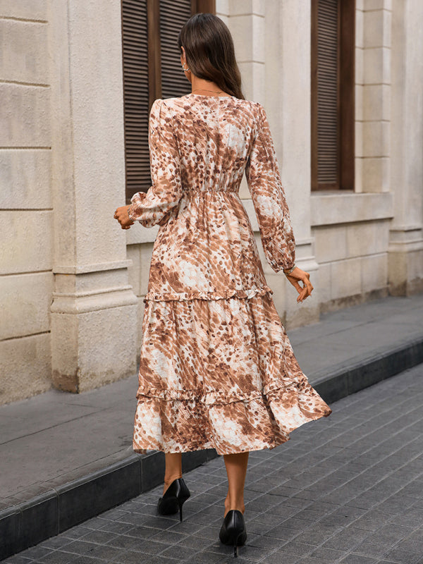 Long-sleeved V-neck slit printed dress