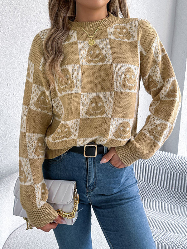 Halloween Plaid Lantern Long Sleeve Pullover Sweater