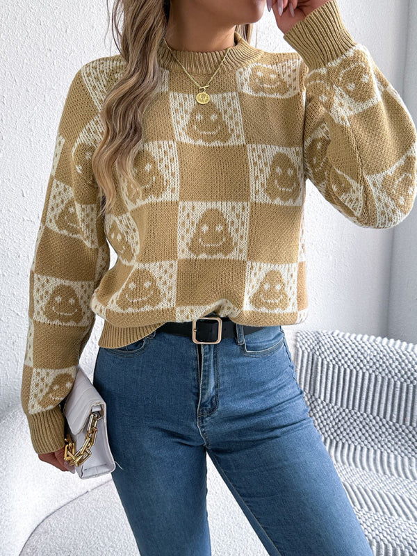 Halloween Plaid Lantern Long Sleeve Pullover Sweater
