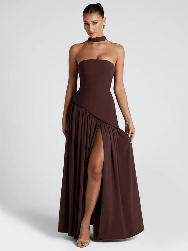 Dark Brown tube top solid color open back slit dress Dark Brown / XL by Blue Zone Planet Dark Brown tube top solid color open back slit dress Dark Brown / XL by Blue Zone Planet