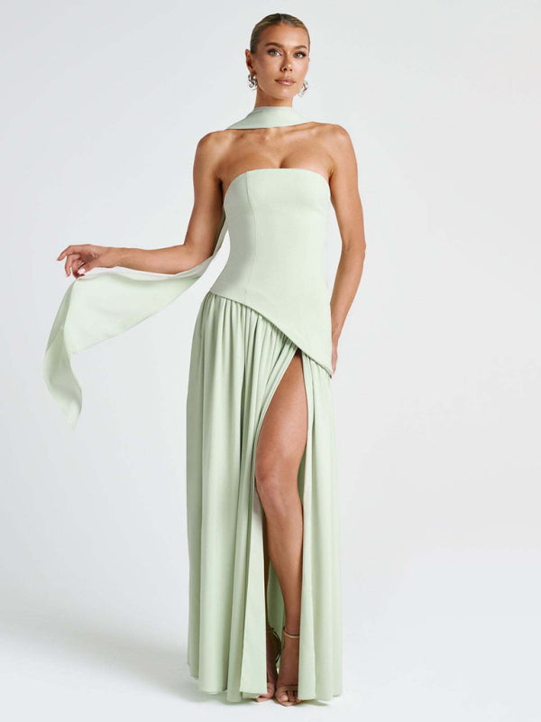Green tube top solid color open back slit dress Blue Zone Planet Green tube top solid color open back slit dress Blue Zone Planet