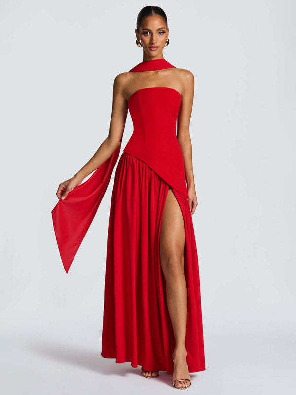 Desiree's Strapless Solid Color Open Back Slit Maxi Party Dress Wine Red / XL by Blue Zone Planet Desiree's Strapless Solid Color Open Back Slit Maxi Party Dress Wine Red / XL by Blue Zone Planet