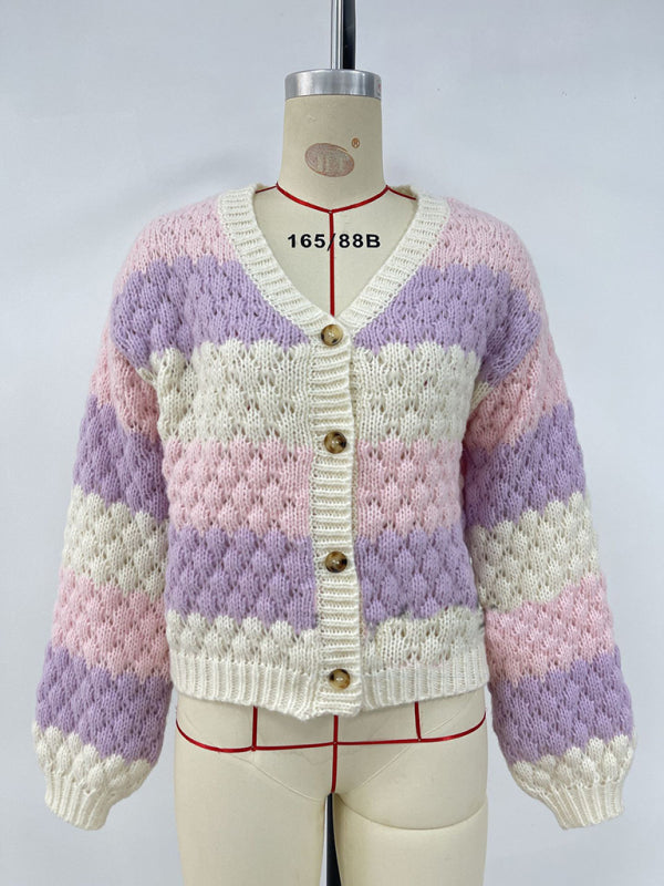Women's contrast color V-neck long-sleeved loose V-neck knitted cardigan sweater