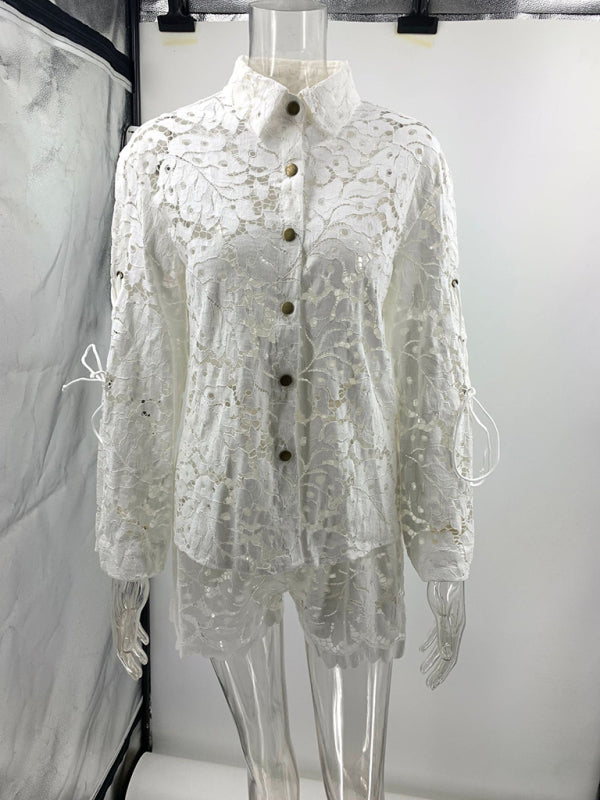 Fashion hollow long-sleeved lace shirt + shorts two-piece set