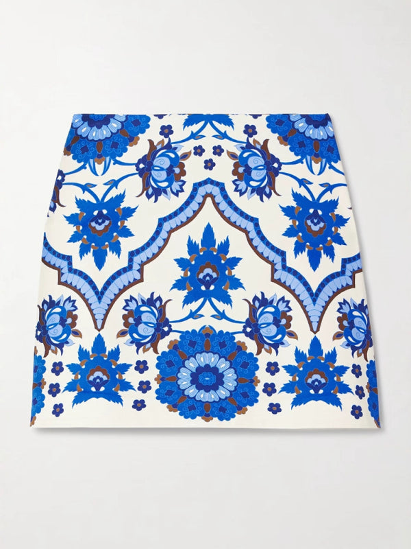 Blue printed round neck top and short skirt two-piece set