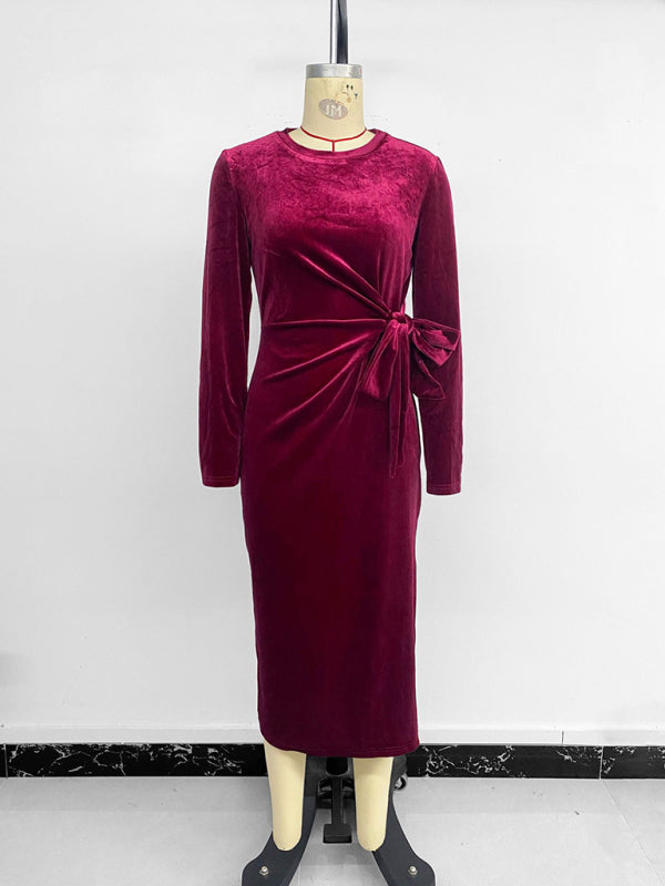 Women's mid-length slit skirt long-sleeved hip dress