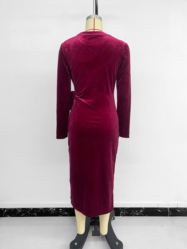 Women's mid-length slit skirt long-sleeved hip dress