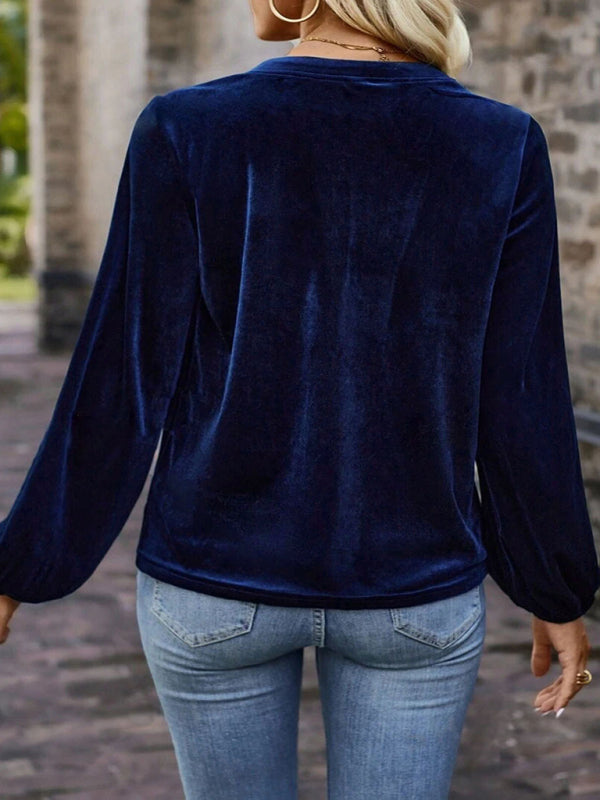 Plus size women's solid color pullover V-neck casual button long-sleeved top