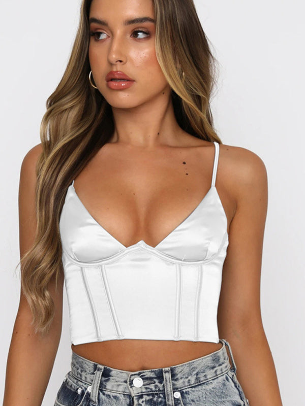 Blue Zone Planet | Female Satin Slim V-Neck Camisole Crop Top BLUE ZONE PLANET