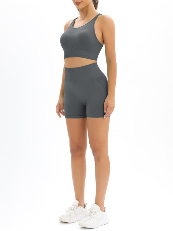 Beautiful Back High Waist Peach Hip Seamless Knitted Tank Top Shorts Two-Piece Set BLUE ZONE PLANET