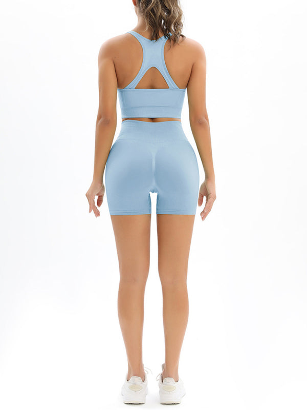 Beautiful Back High Waist Peach Hip Seamless Knitted Tank Top Shorts Two-Piece Set BLUE ZONE PLANET