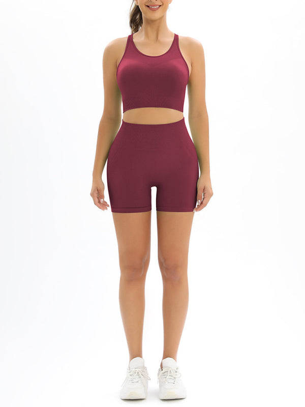 Beautiful Back High Waist Peach Hip Seamless Knitted Tank Top Shorts Two-Piece Set BLUE ZONE PLANET