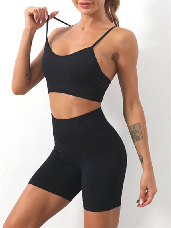 Blue Zone Planet | Solid Color Seamless Camisole Yoga Sports Bra + Shorts Two-Piece Set BLUE ZONE PLANET