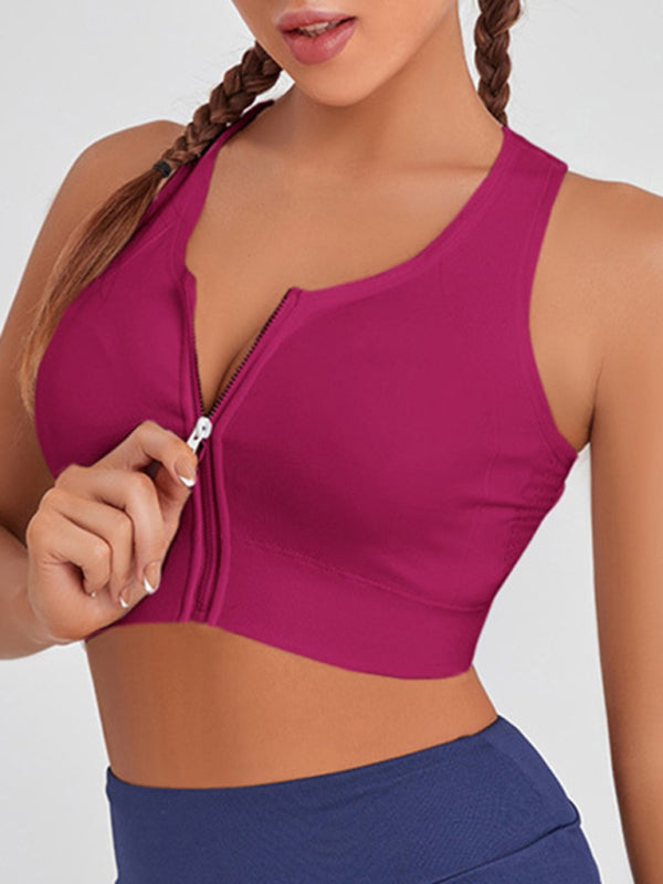 Solid Color Front Zipper Shockproof Yoga Bra Tank Top BLUE ZONE PLANET