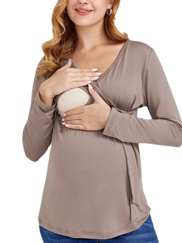 Blue Zone Planet | European and American solid color nursing V-neck long-sleeved maternity dress kakaclo