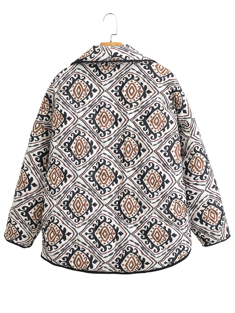 Blue Zone Planet | Ava's Quilted Contrasting Color Ethnic Print Stand-Up Collar Cotton Coat BLUE ZONE PLANET