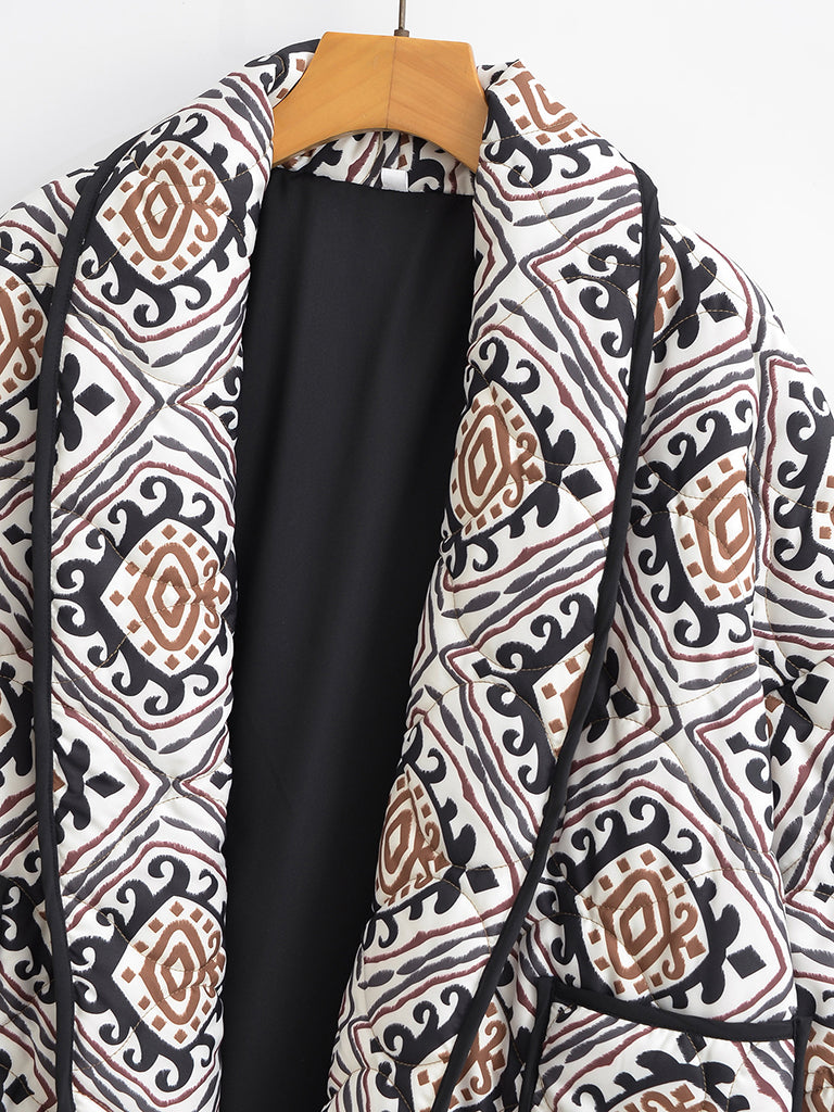 Blue Zone Planet | Ava's Quilted Contrasting Color Ethnic Print Stand-Up Collar Cotton Coat BLUE ZONE PLANET