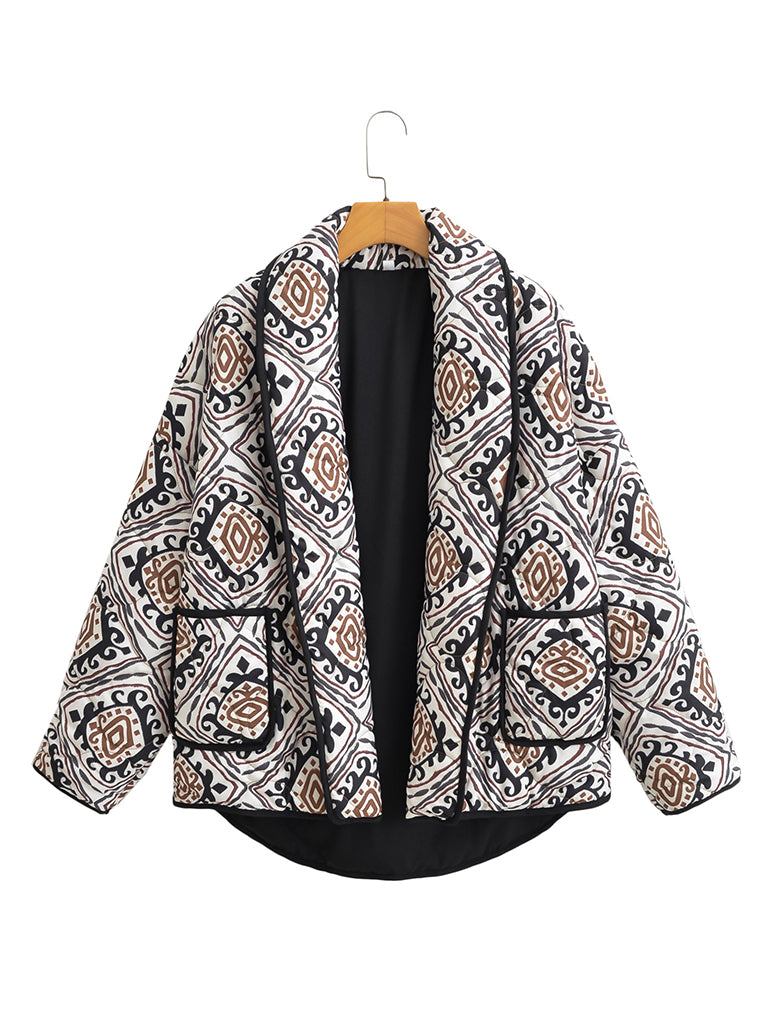 Blue Zone Planet | Ava's Quilted Contrasting Color Ethnic Print Stand-Up Collar Cotton Coat BLUE ZONE PLANET