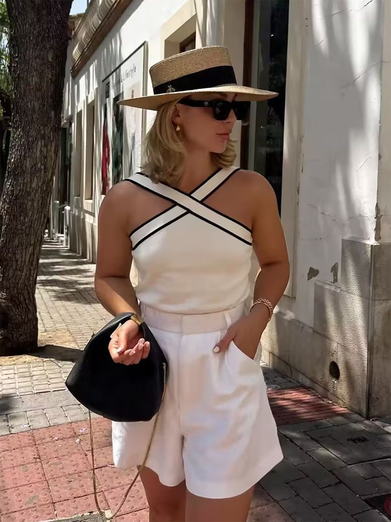 Bella's Slim Fit Inner Contrast Knitted Spaghetti Strap T-Shirt BLUE ZONE PLANET