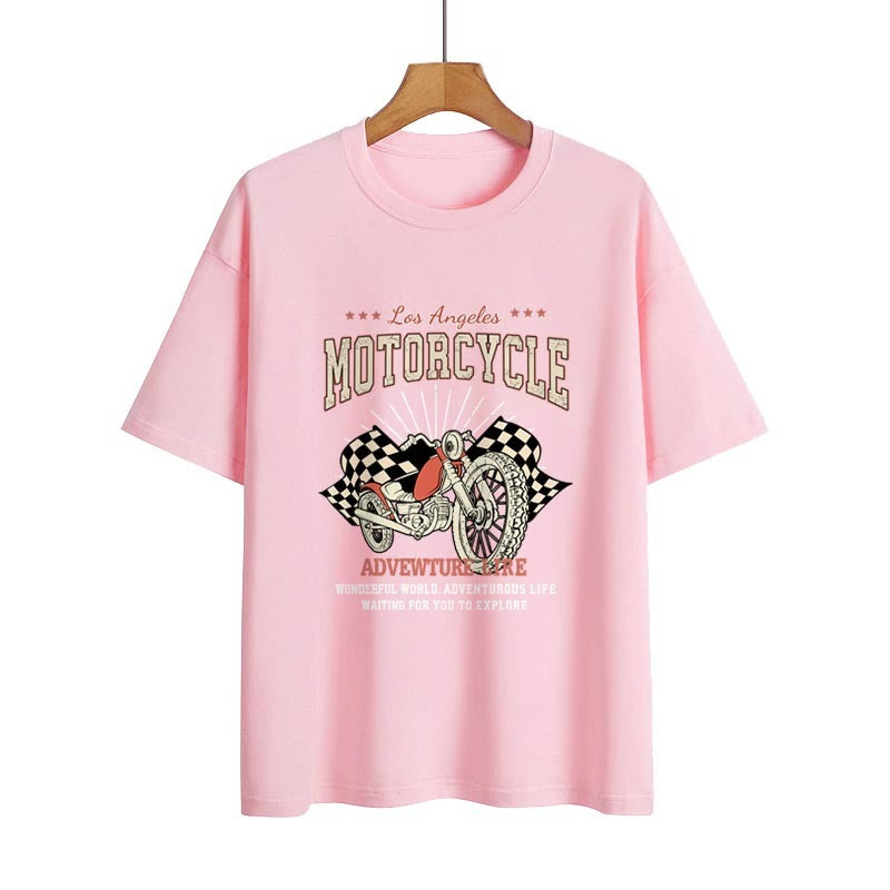 Blue Zone Planet | Street Retro Motorcycle Letter Print Collarless Loose T-Shirt BLUE ZONE PLANET