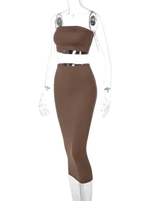 knit tube top bag hip skirt two piece set kakaclo