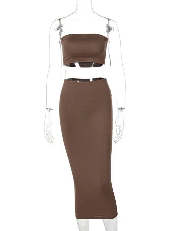 knit tube top bag hip skirt two piece set kakaclo