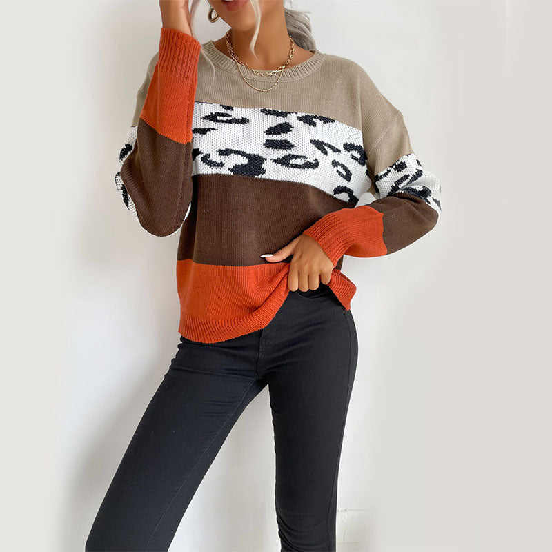 Blue Zone Planet | Top Leopard Print Colorblock Long Sleeve Sweater BLUE ZONE PLANET