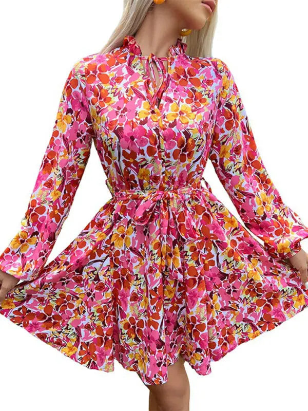 lace-up slim fit lace collar printed dress kakaclo