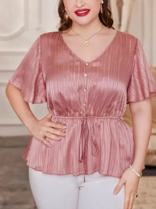 large size retro solid color V-neck tops waist tie shirt short-sleeved tops kakaclo