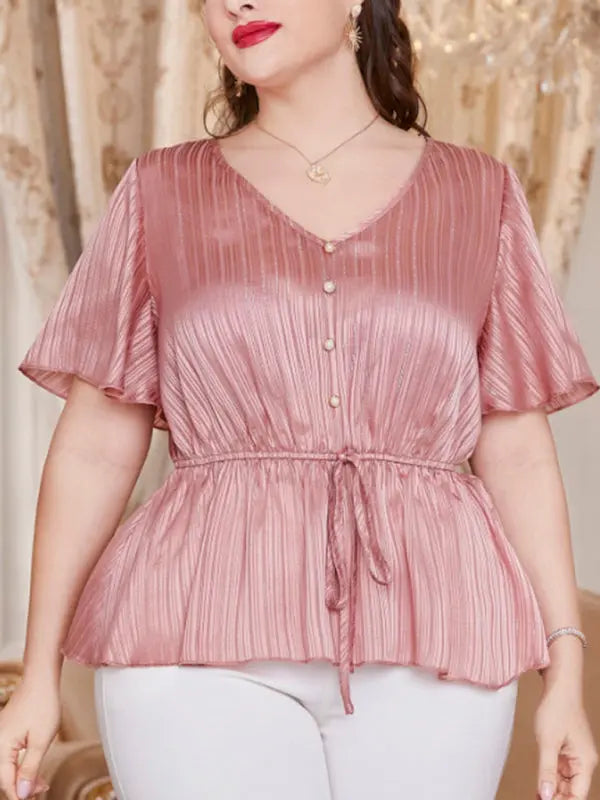 large size retro solid color V-neck tops waist tie shirt short-sleeved tops kakaclo