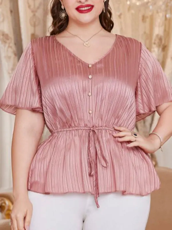 large size retro solid color V-neck tops waist tie shirt short-sleeved tops kakaclo
