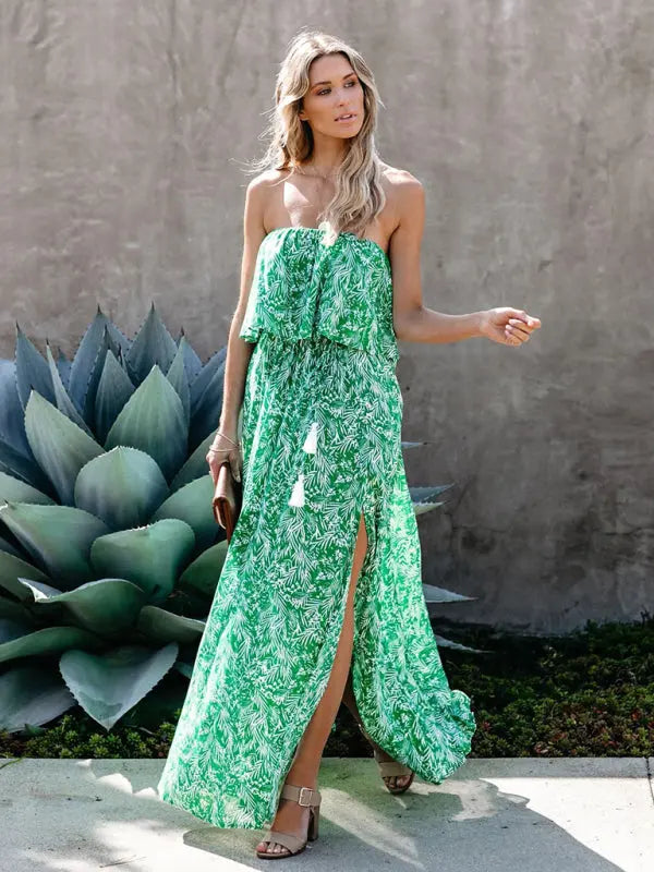 leaf print off-the-shoulder ruffled slit dress kakaclo