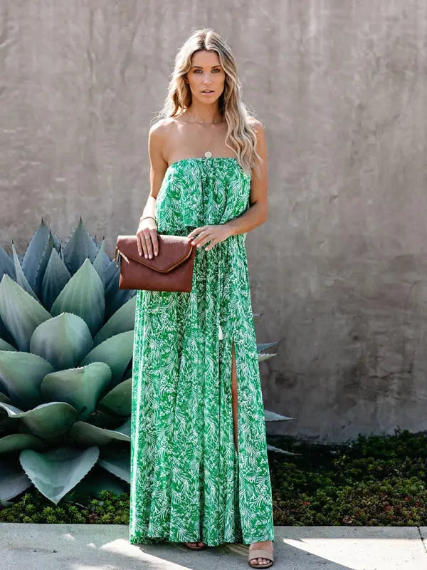 leaf print off-the-shoulder ruffled slit dress kakaclo