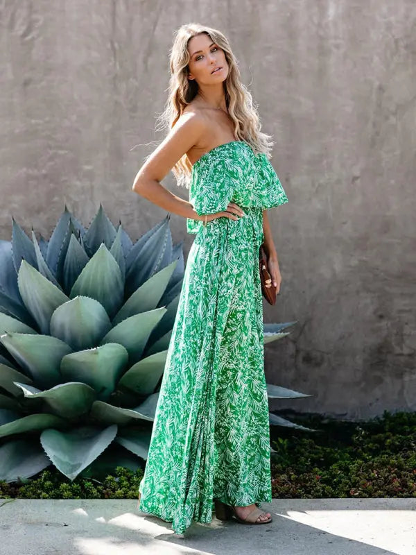 leaf print off-the-shoulder ruffled slit dress kakaclo