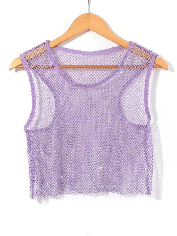mesh flash diamond fishnet vest nightclub perspective hot girl T-shirt top kakaclo