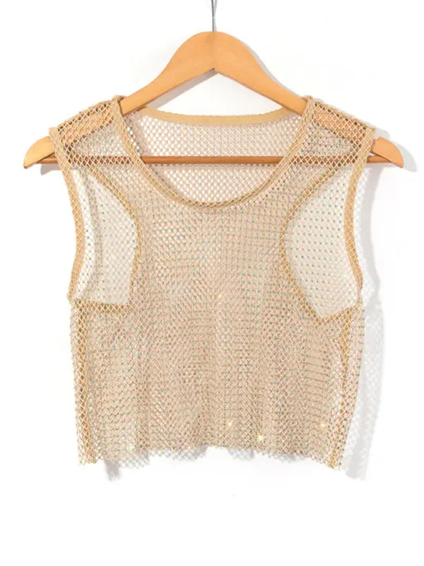 mesh flash diamond fishnet vest nightclub perspective hot girl T-shirt top kakaclo