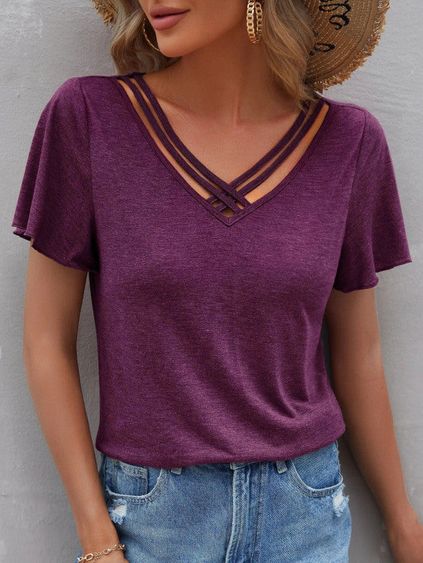 Blue Zone Planet | Solid Color Ruffle Sleeve Short Sleeve Top T-Shirt BLUE ZONE PLANET