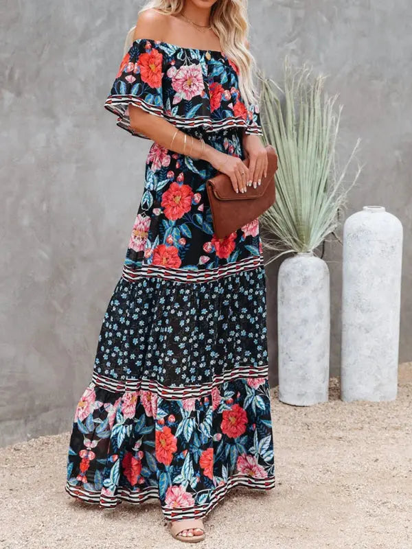 one-shoulder printed long swing dress BLUE ZONE PLANET