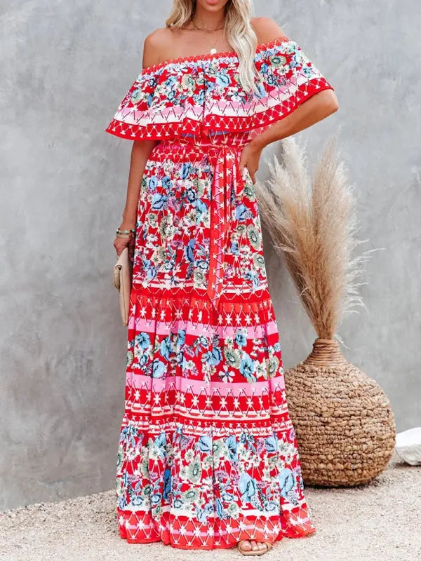 one-shoulder printed long swing dress BLUE ZONE PLANET