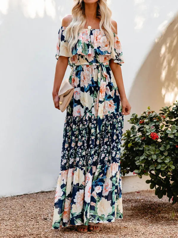 one-shoulder printed long swing dress BLUE ZONE PLANET